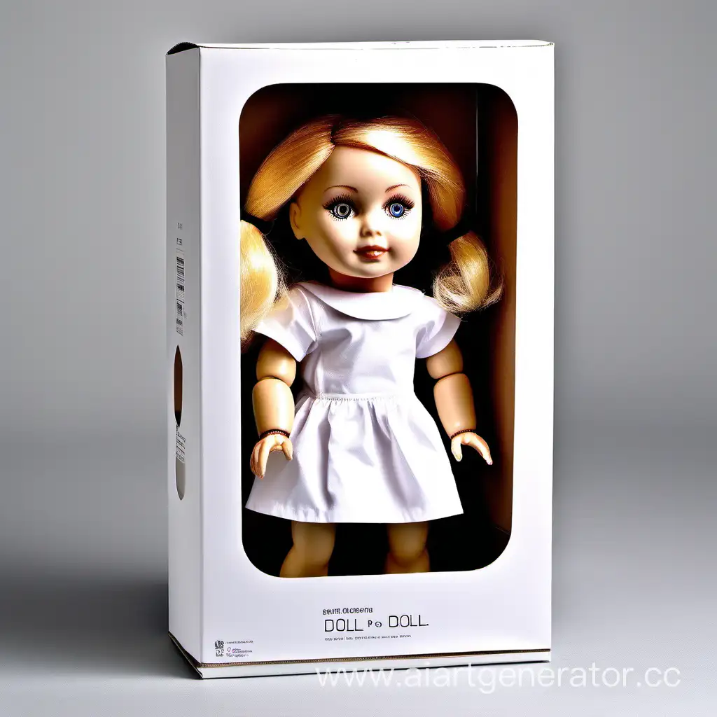 Empty rectangular cardboard packaging in white color with a display for a doll.