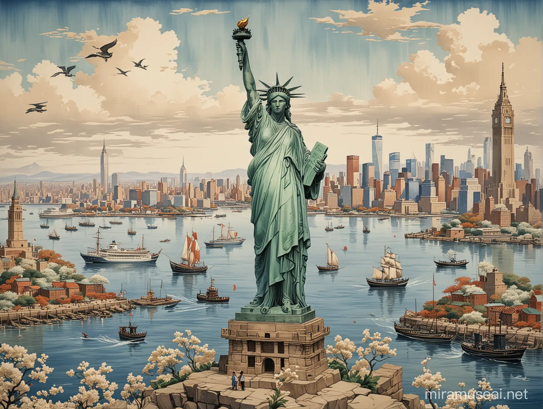 Picture of New York harbour and the Statue of Liberty in the style of Japanese artist Hokusai