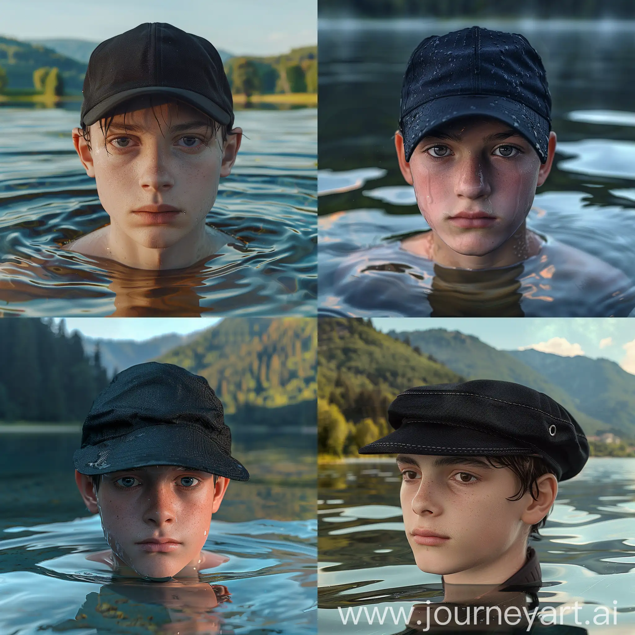 A photography of a boy in his early 20s wearing a black cap. The boy is handsome. He's on a lake somewhere in Europe. The image is extremely detailed and realistic. The colors are vivid. The image will be part of a marketing campaign of a cap company. A natural unaltered 4k photograph, high quality, high resolution.  I want something very very real.
