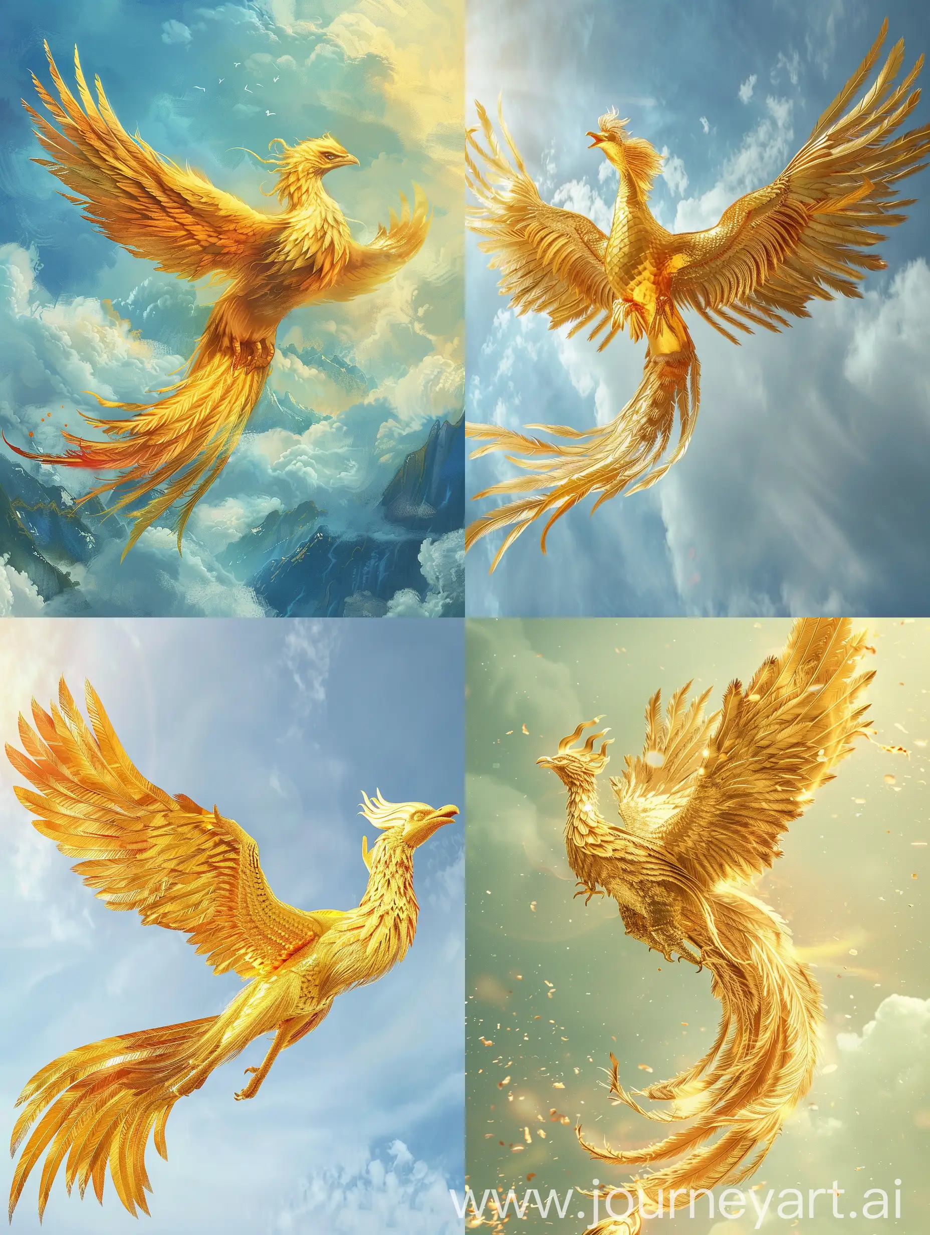 Majestic Golden Phoenix Flying in Chinese Mythological Sky | JourneyArt