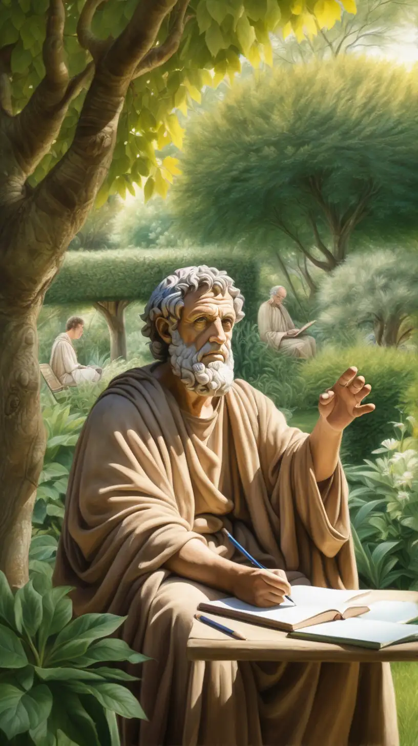 Serene Stoic Philosopher Imparts Wisdom in Lush Roman Garden