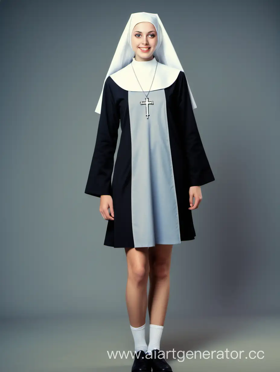 Modestly-Attired-Young-Nun-in-Elegant-LongSleeved-MiniDress