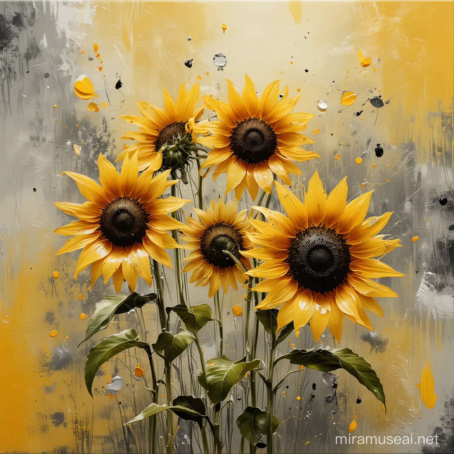  Art Glass Sunflower Abstract, cracquelture, thick acrylic paint flowers, yellow adn black flowers, a fine art painting, mixed - media, mist, grungy, cracquelture, thick paint on canvas, incredibly beautiful, wall painting, diaphanous, in the morning light, collaged, full subject shown in photo, beautiful design, yellow mist, transparent, beautiful scene, sharp clean high resolution,  a painting of a bunch of flat transparent photos items