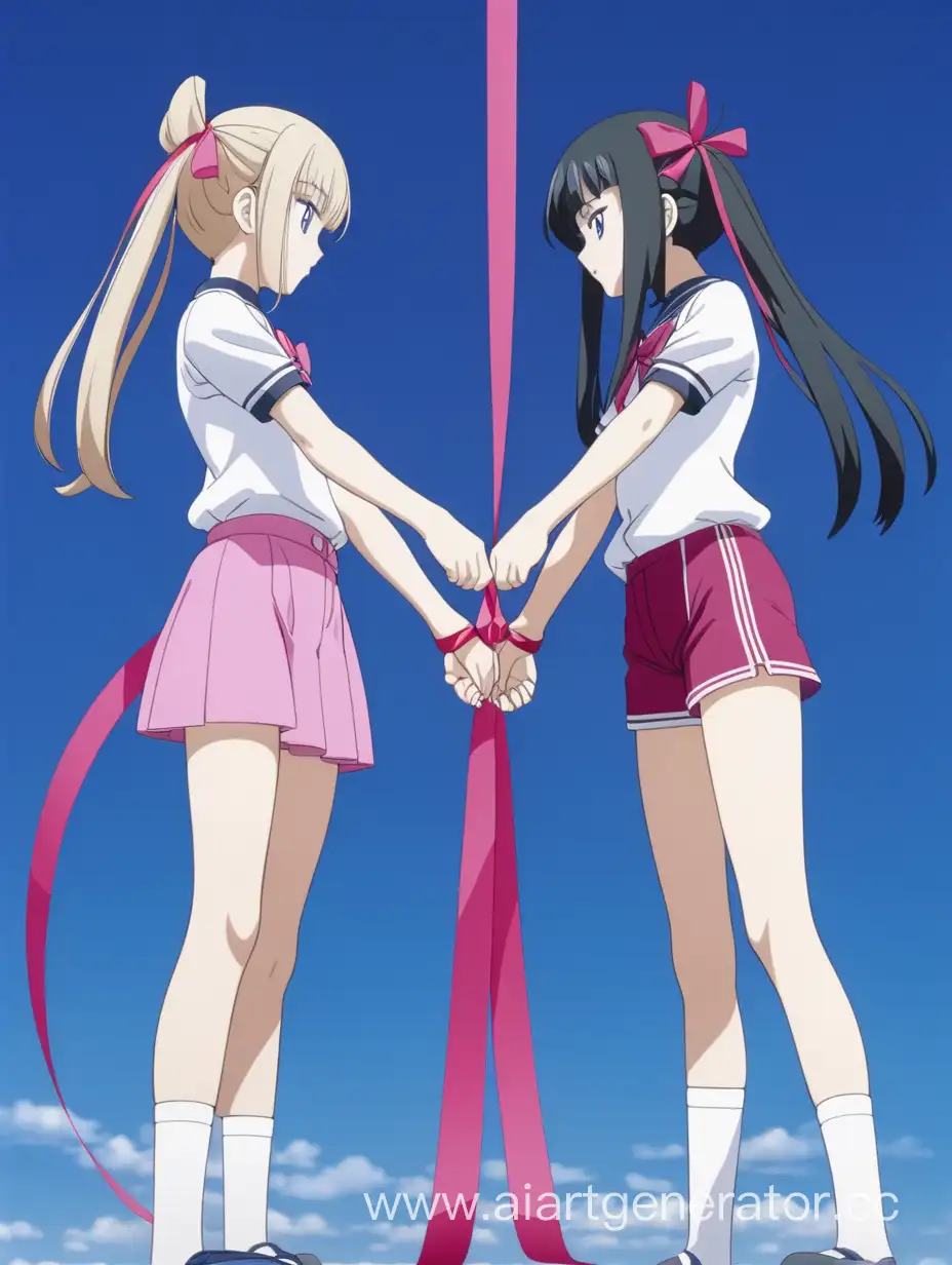 Две аниме девушки стоят друг напротив друга и их связывает лента. Они обе одеты в облегающие вещи