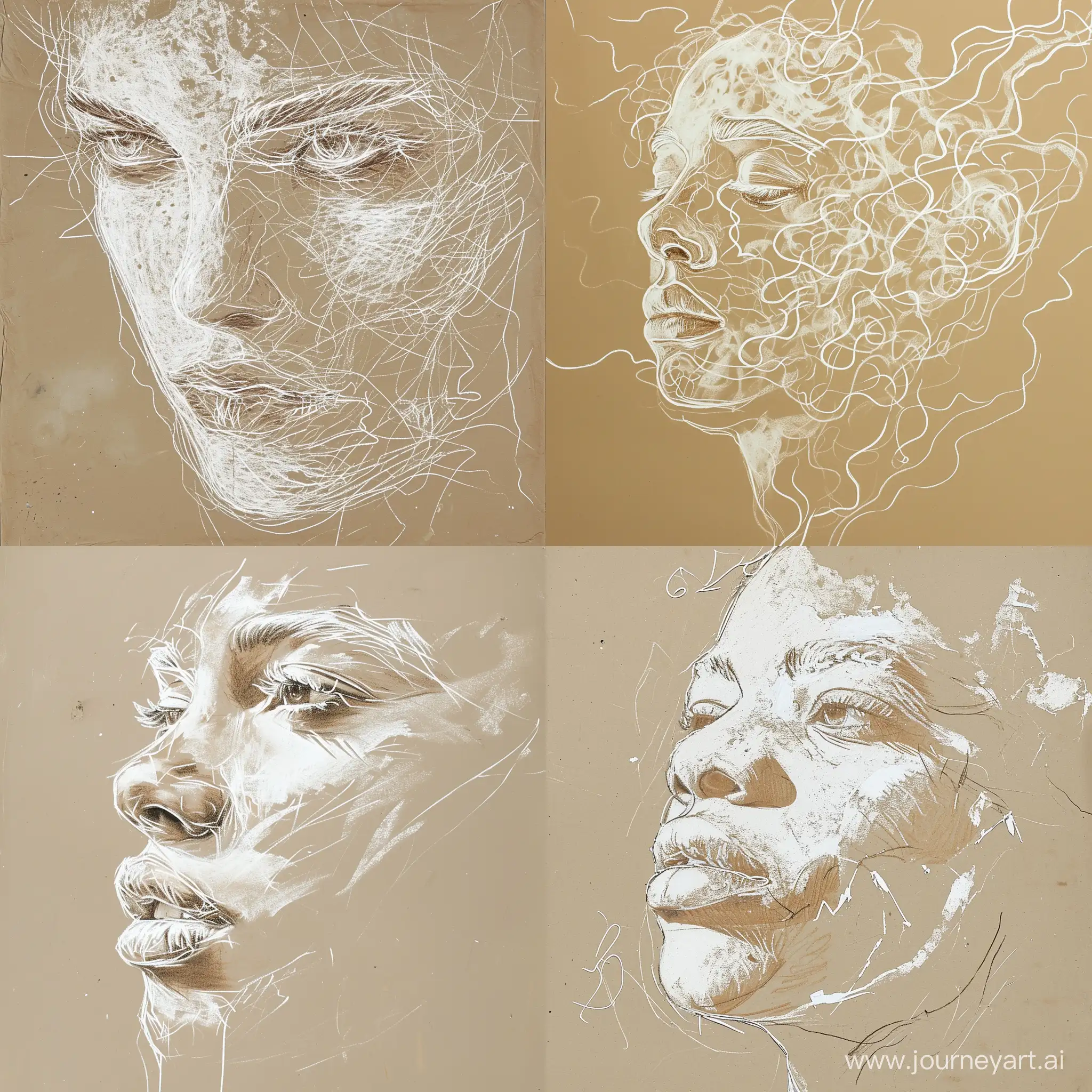 Portrait doodles in white and brown shades of ... a masterpiece of chalk drawing on a beige background 