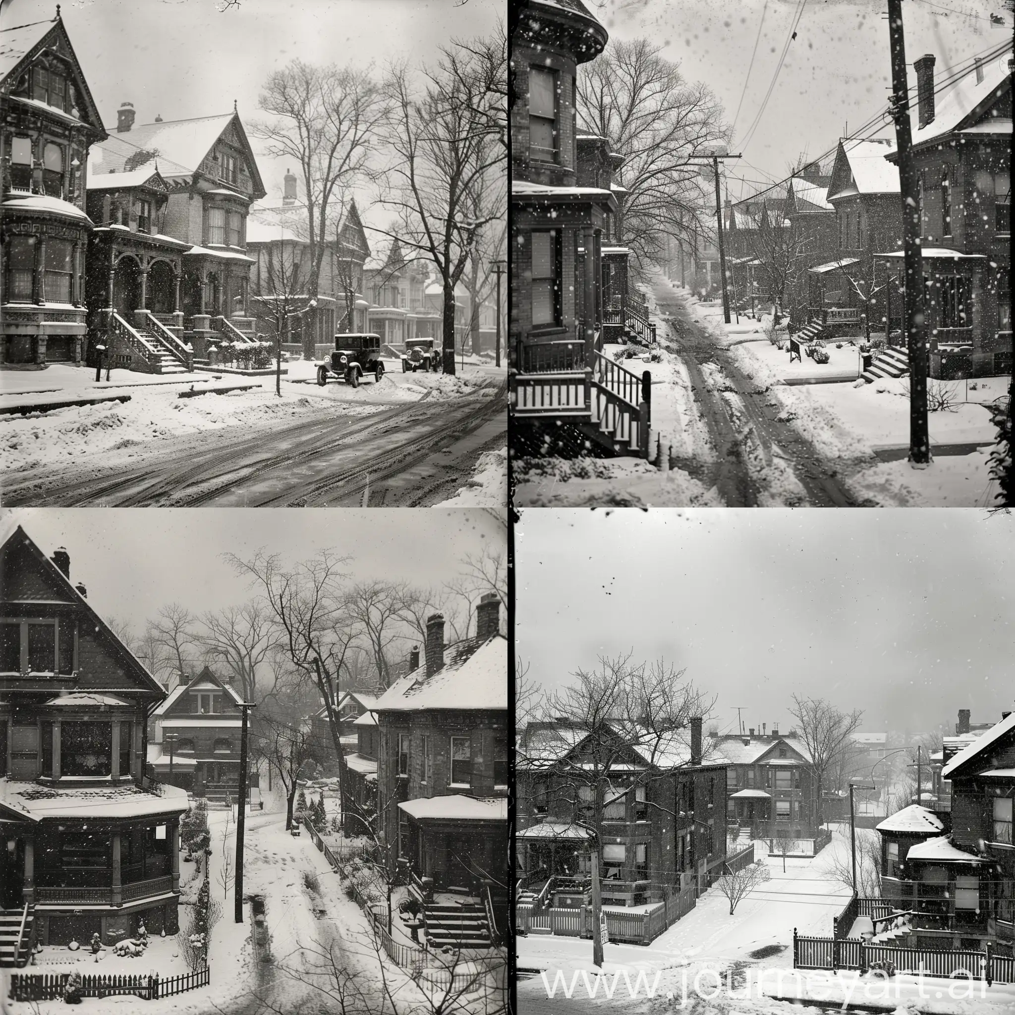 Old Victorian neighborhood, 1920s, black and white, snowing, grainy photograph