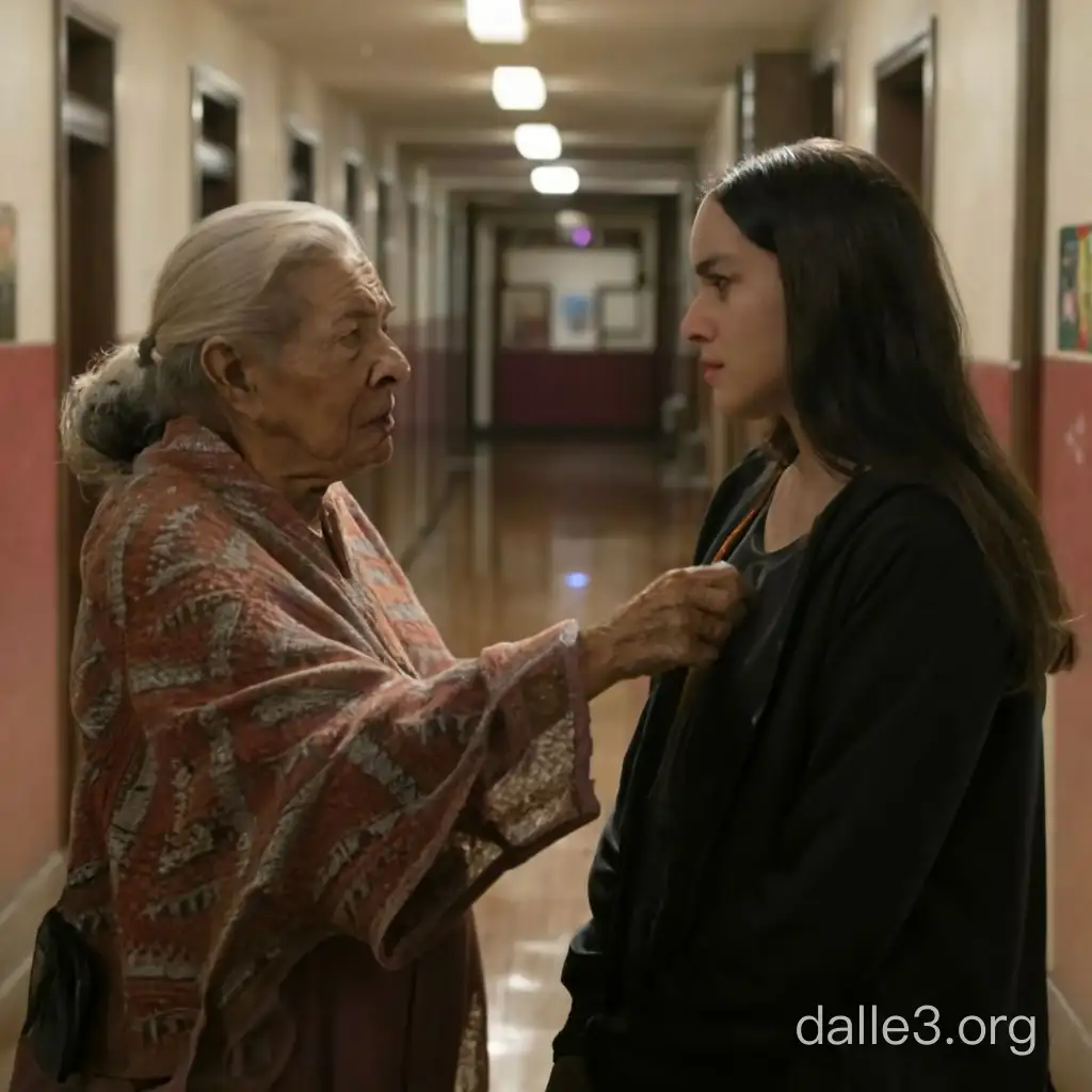 An elderly Mexican lady standing in a shawl scolds her adult daughter who returned late to the hallway