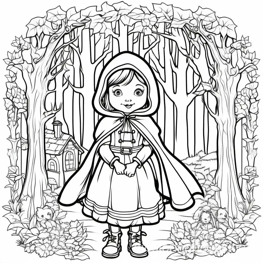 titulná strana pre knihu z rozprávky červená čiapočka aj s nápisom červená čiapočka, Coloring Page, black and white, line art, white background, Simplicity, Ample White Space. The background of the coloring page is plain white to make it easy for young children to color within the lines. The outlines of all the subjects are easy to distinguish, making it simple for kids to color without too much difficulty