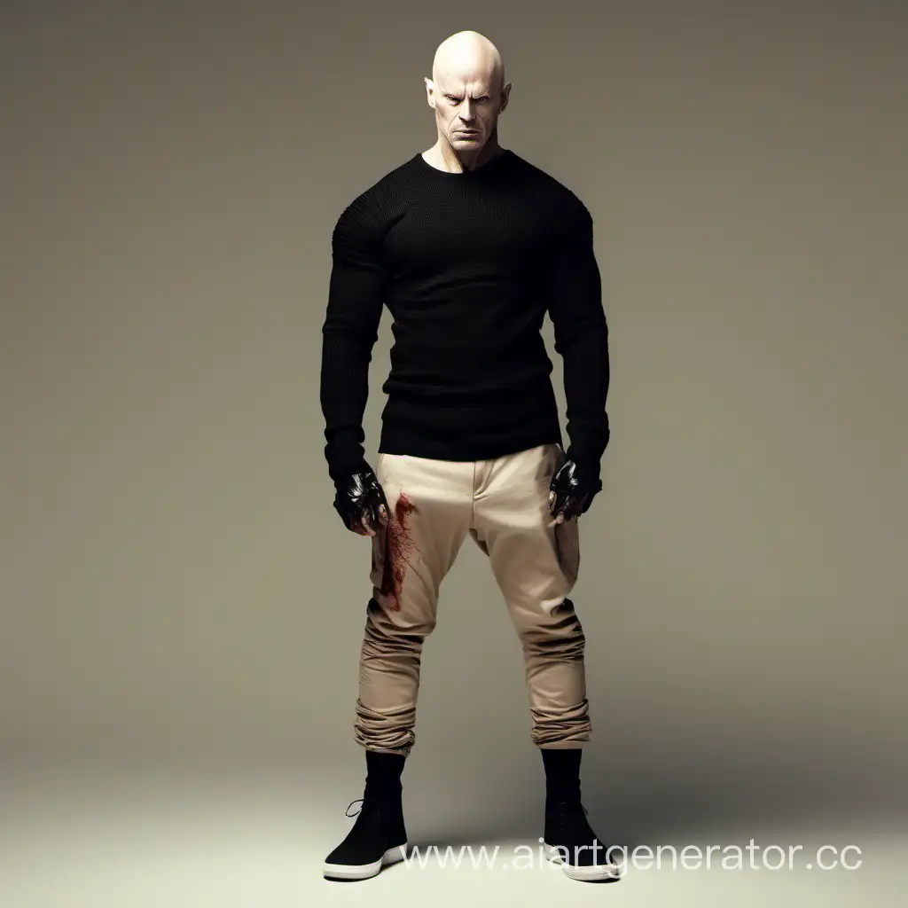 Muscular-Man-with-Mechanical-Arm-in-Black-Sweater-and-Beige-Pants