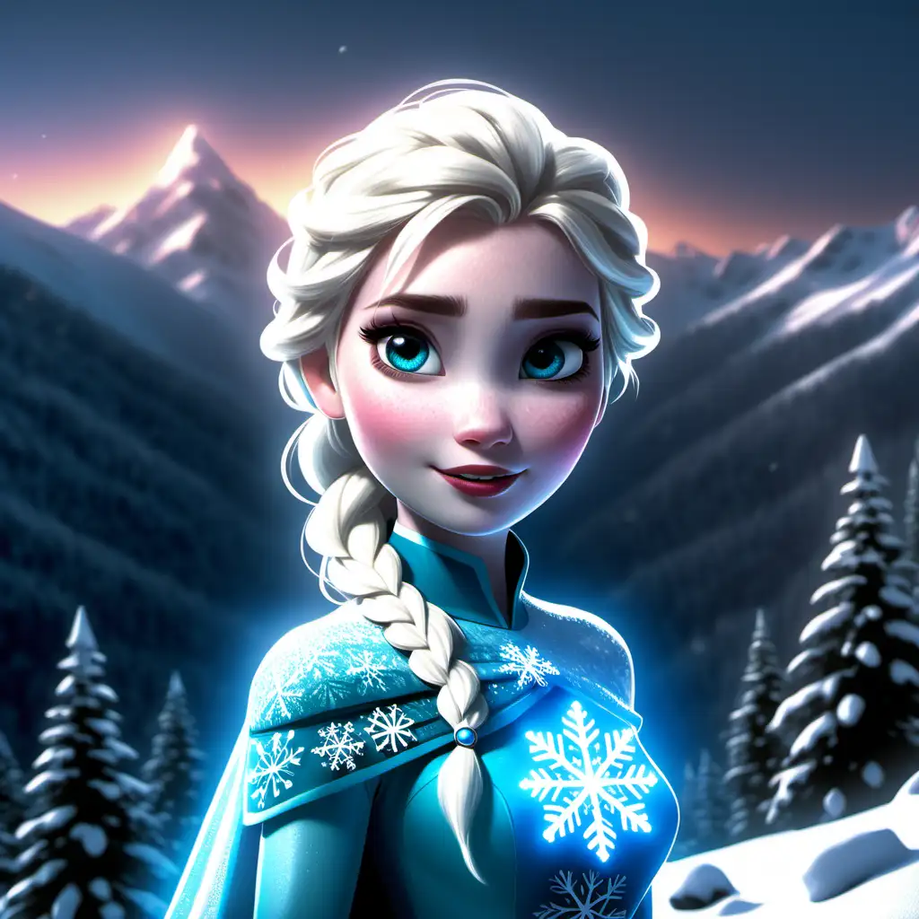 Elsa on snowy mountain wearing ATF hat glowing snowflake