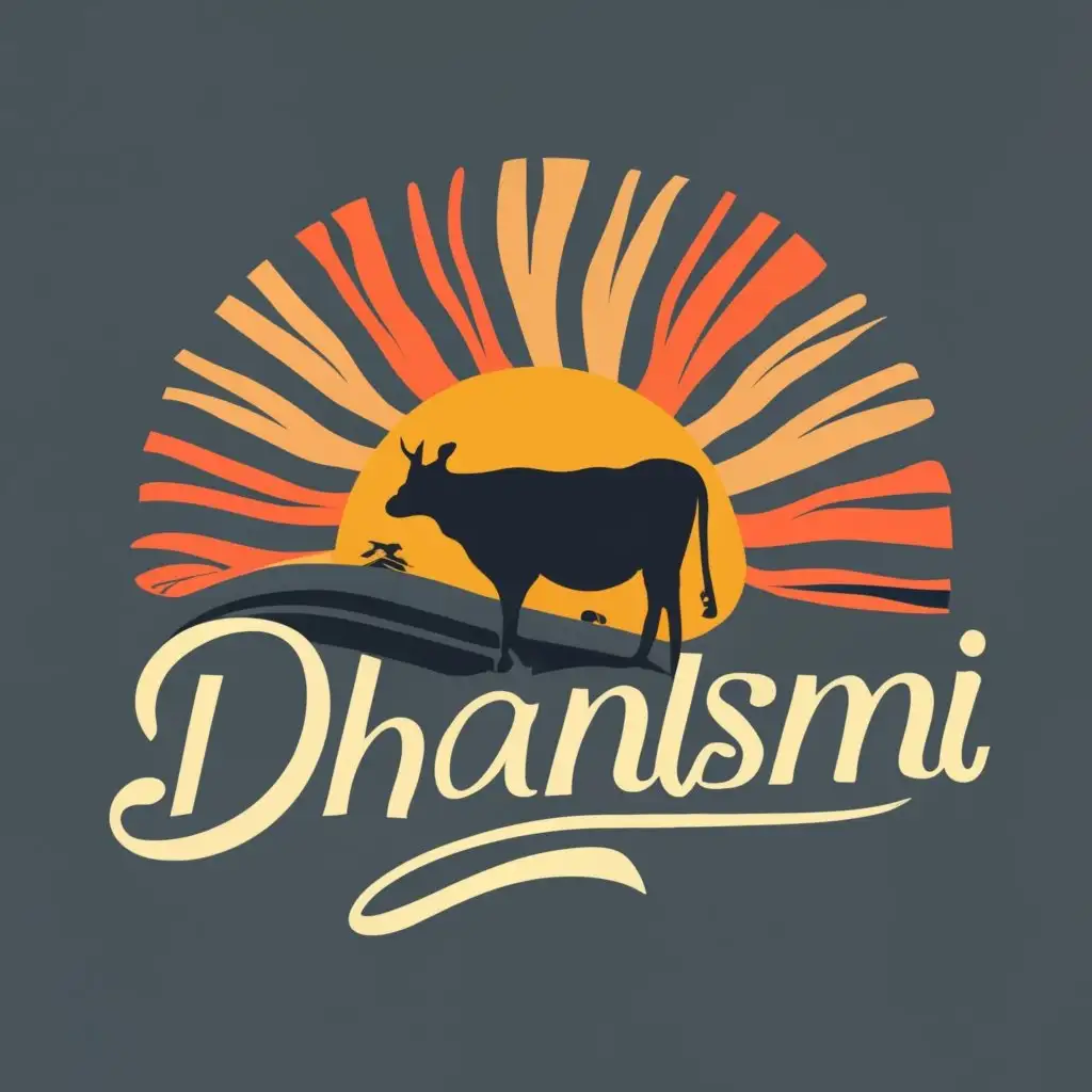 logo, cow barn wheat cottage sun rise, with the text "Dhanlaxmi", typography