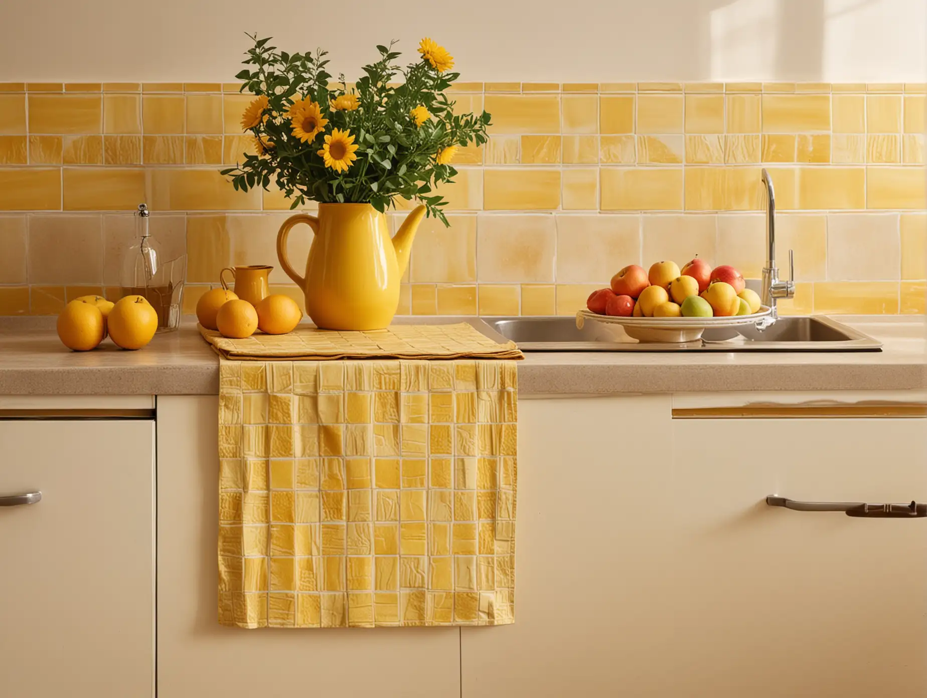 фото  кухонного фартука, фартук состоит из вытянутых прямоугольных желтых плиток, на столешнице стоит ваза, чашка, тарелка с фруктами, теплый яркий свет