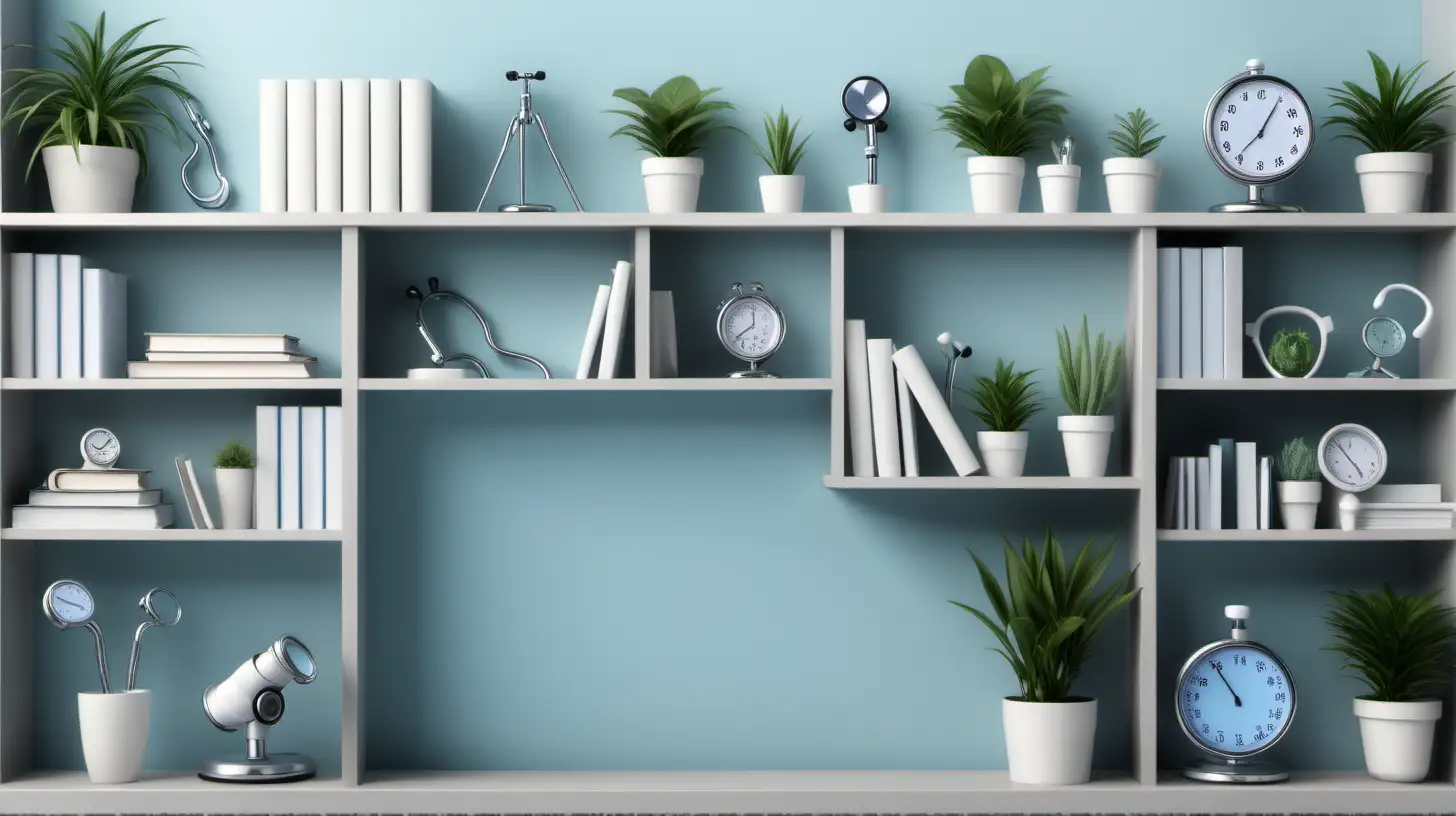 Create a virtual Zoom background image with well organized bookshelves that includes plants and contains medical devices such as stethoscopes and microscopes on the shelves, the background should be well lit and use muted neutral color tones, use light blue gray as the base color, include at least one window with natural light