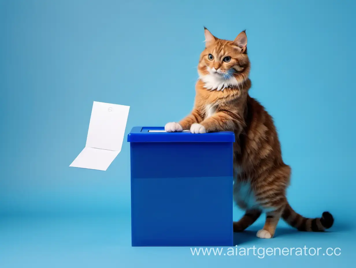 красивая кошка стоит и опускает своей лапой конверт в голубой пластиковый 
ящик для голосования