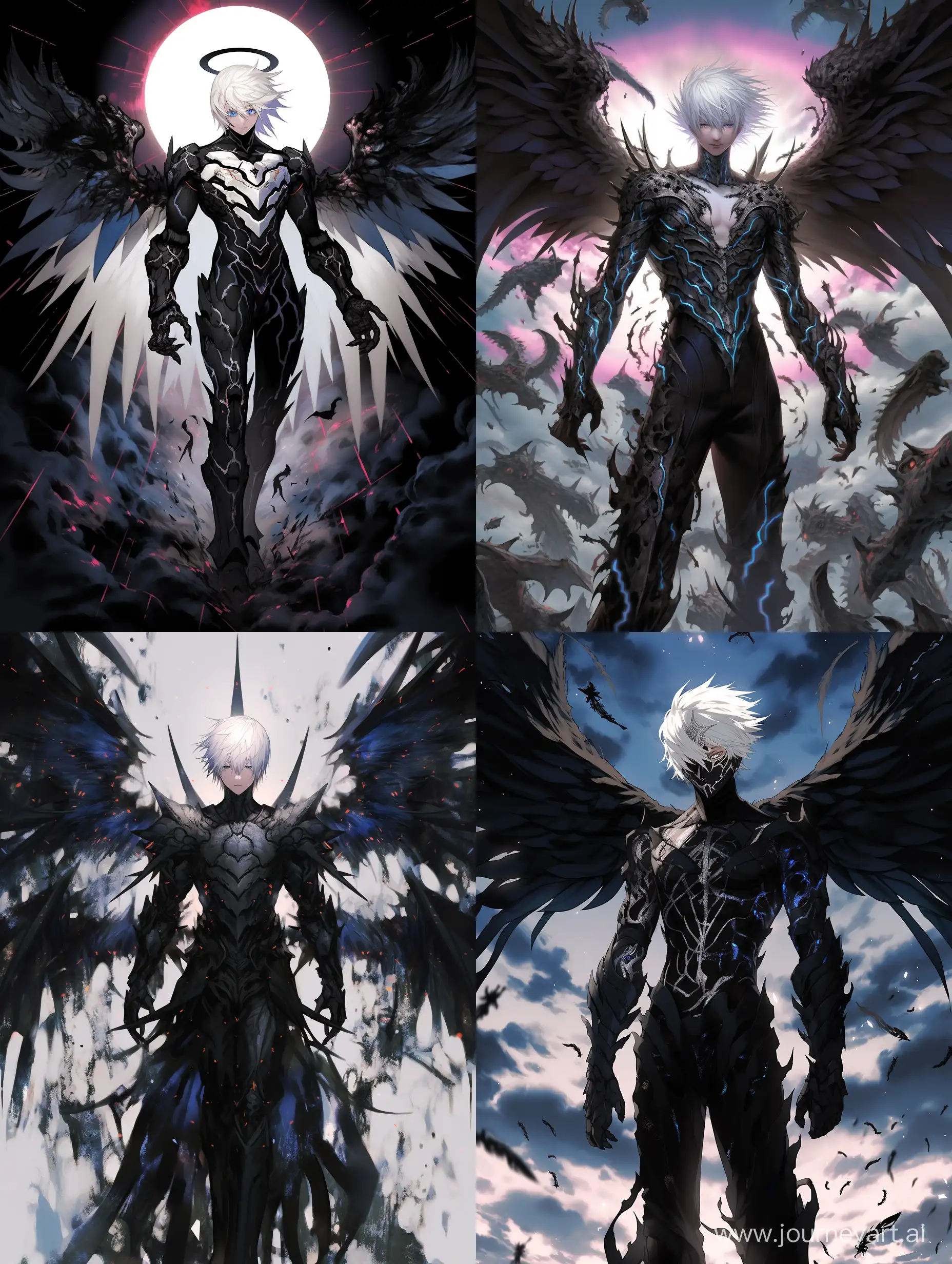 man dark angel with large black wings, standing in front of a sky background with white and blue hues, the angel has white hair and is wearing a armor-like outfit, the wings are spread out and there are black paint drips trailing from them, --niji 5