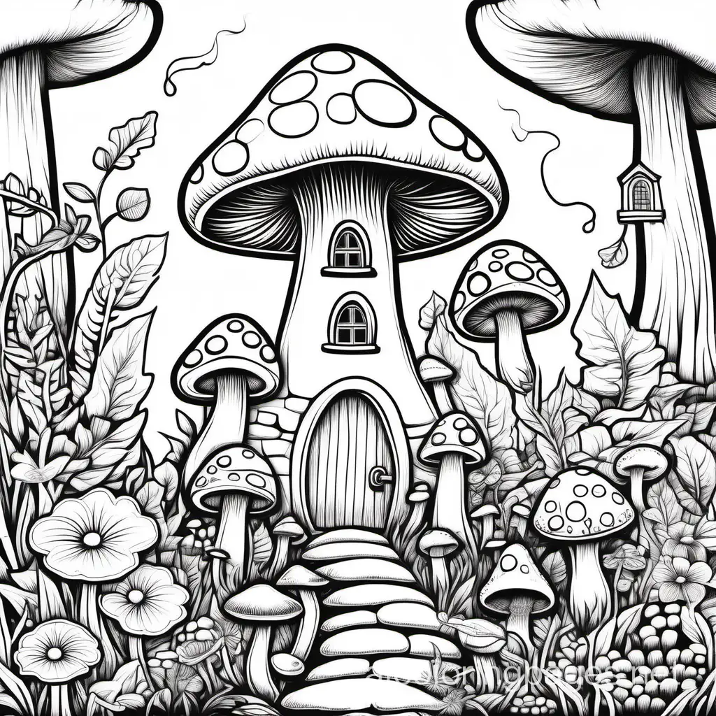 Illustrate a whimsical mushroom house in majestic fairy flower garden coloring page, Coloring Page, black and white, line art, white background, Simplicity, Ample White Space. The background of the coloring page is plain white to make it easy for young children to color within the lines. The outlines of all the subjects are easy to distinguish, making it simple for kids to color without too much difficulty