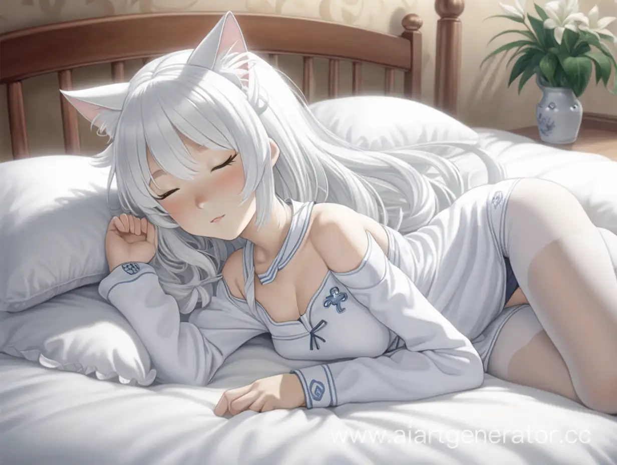 A catgirl in white pantyhose, with white hair, lying on the bed, sleeping softly, Japanese anime.