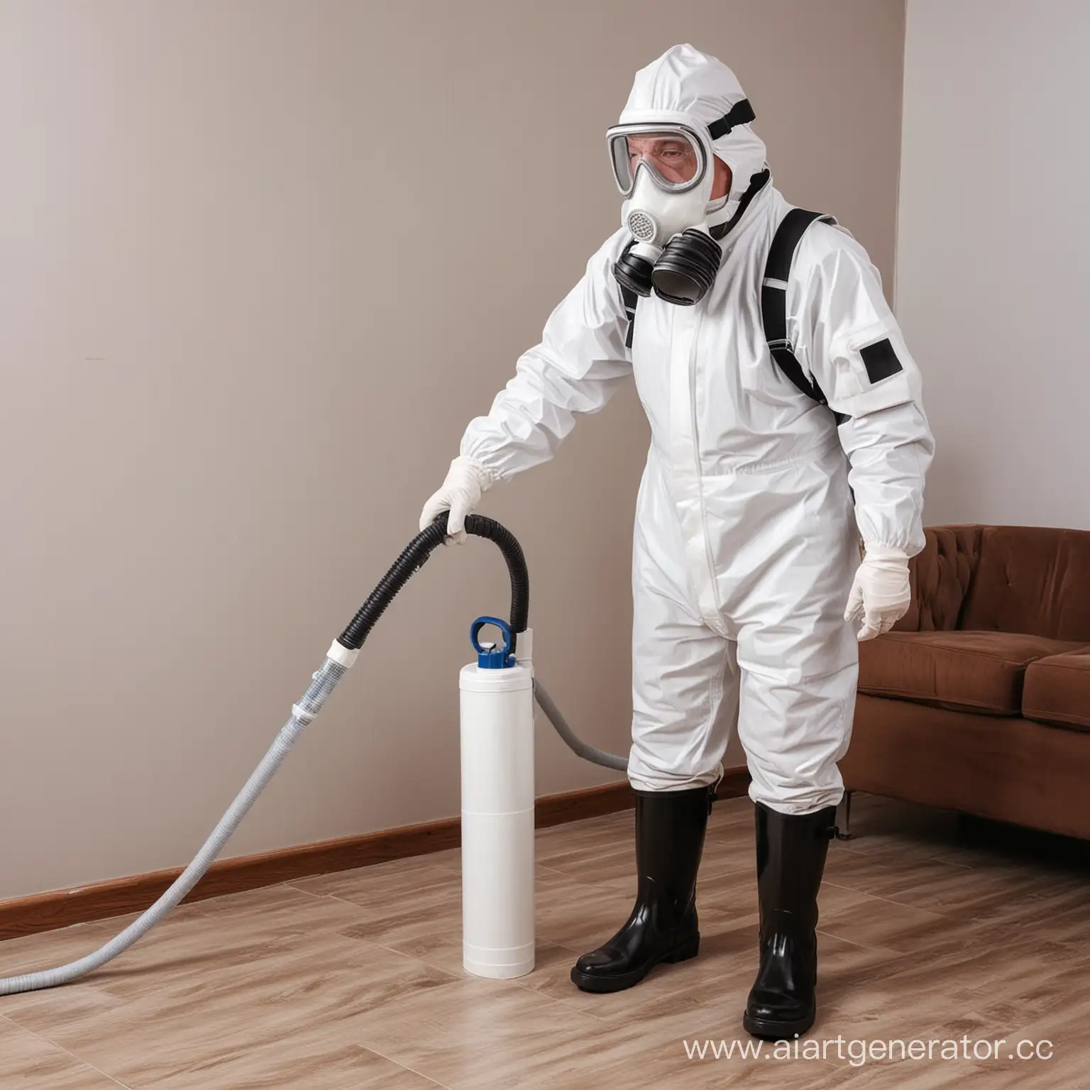 Grandfather in gloves and rubber boots and white hazmat and gas mask m50 holds vaccum cleaner hose in the hands hands view