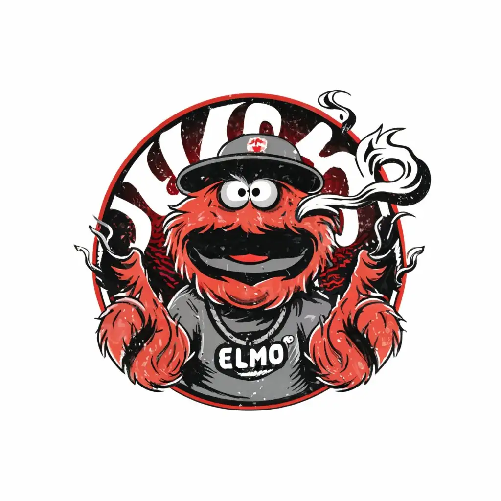 a logo design, with the text 'ELMO', main symbol: Elmo from muppets smoking a joint while wearing a black hoodie and a baseball black hat. All around there is a dark city.