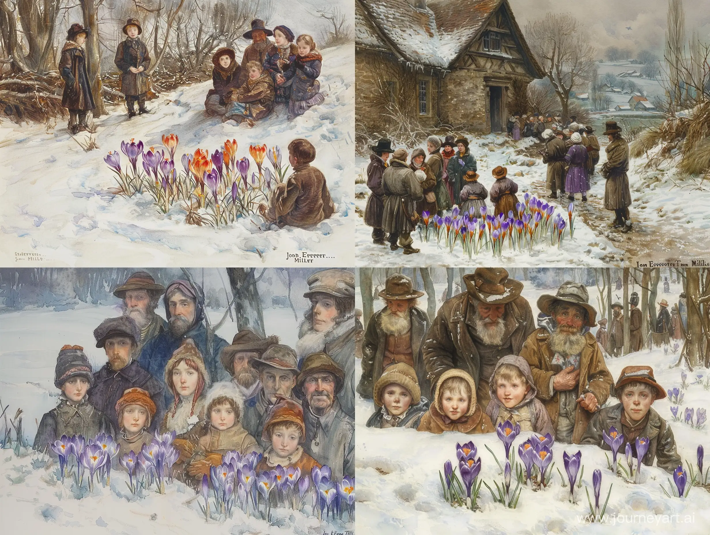 The central theme of the image is a crocuses in the snow. The focus is on a group of Krokusse im Schnee.  The artist, John Everett Millais setting to life through his Wathercolor painting. Millais employs the classic style of Watercolor painting, using rich and warm colors. The winter palette may include cool tones like blues and grays, contrasting with the vibrant colors of the crocuses.  Millais pays attention to detail, emphasizing the unique facial expressions and features of each individual. These details add depth and authenticity to the overall composition.