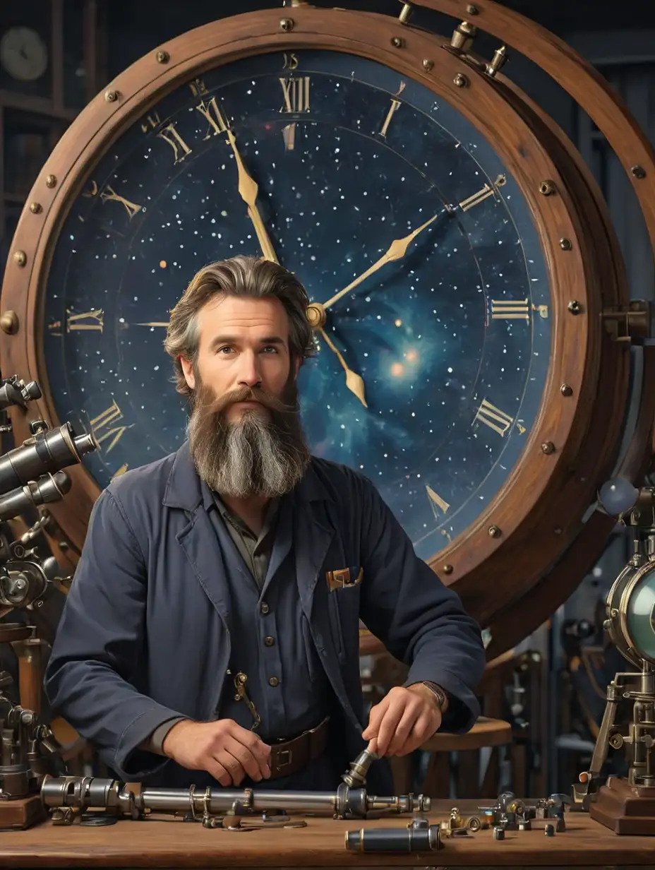 Astronomer with beard working in his lab holding a big clock with telescopes in background