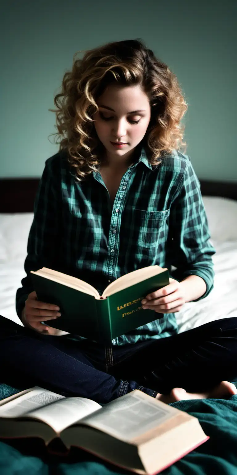 Relaxed Reading CurlyHaired Woman Immersed in a Green Checkered Shirt