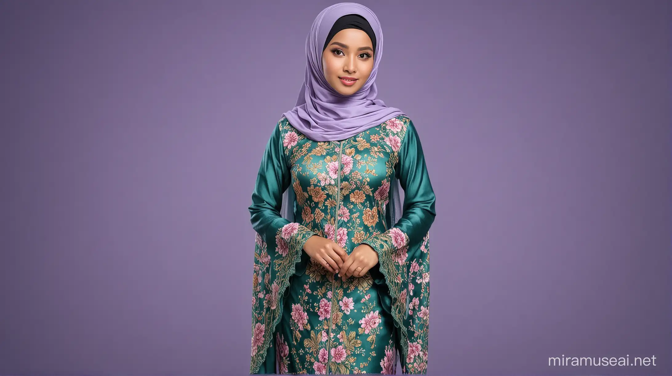 (full body shot, professional photography, blue background), sturdy and beautiful Malay lady, medium breasts, elegant, highly detailed, digital painting, art station, sharp focus, glowing eyes, wear fully hijab green and lavendar loose kebaya, cover whole body, floral patten, wear heels, Enhance, dynamic shot