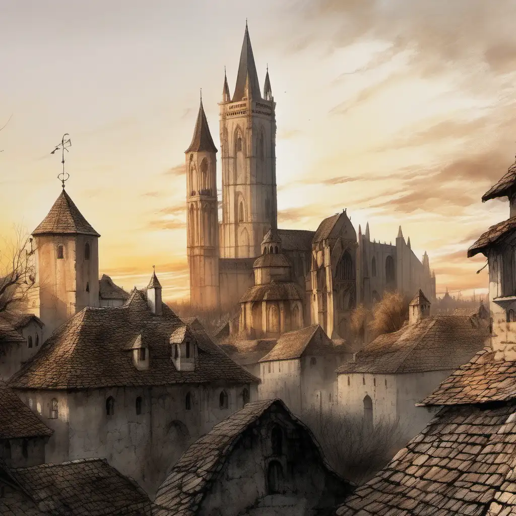 genera una ilustración estilo Luis Royo respetando la foto, un pueblo medieval en primer plano, en segundo plano una catedral, al fondo un palacio. Luz del atardecer.
