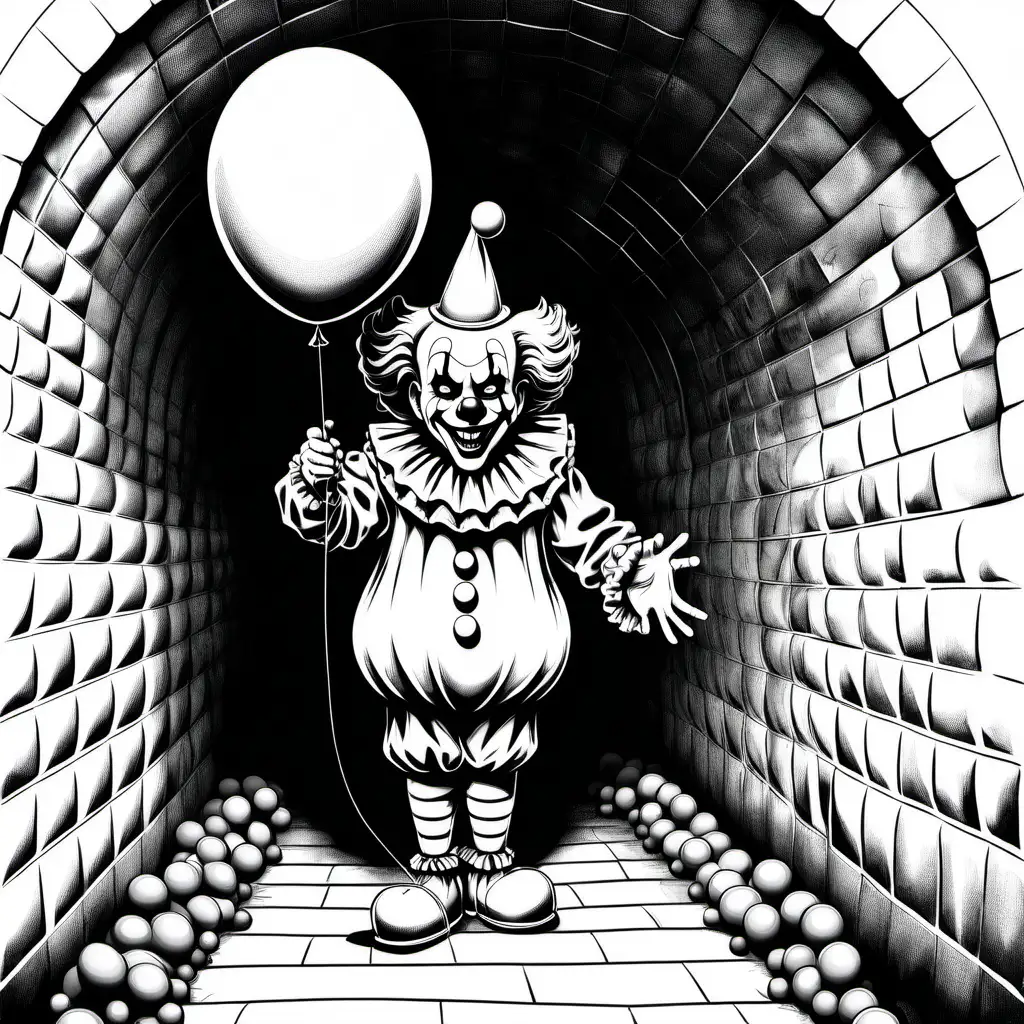 a simple black and white coloring book outline of a scary 'It' clown with balloon in a tunnel, for coloring