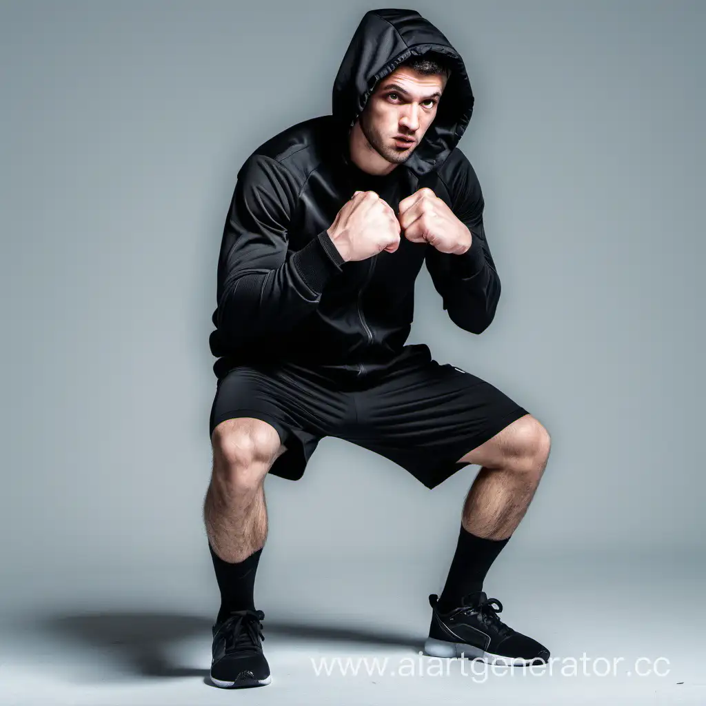 A guy with stubble in a black sports jacket with a hood, boxing shorts and socks is squatting