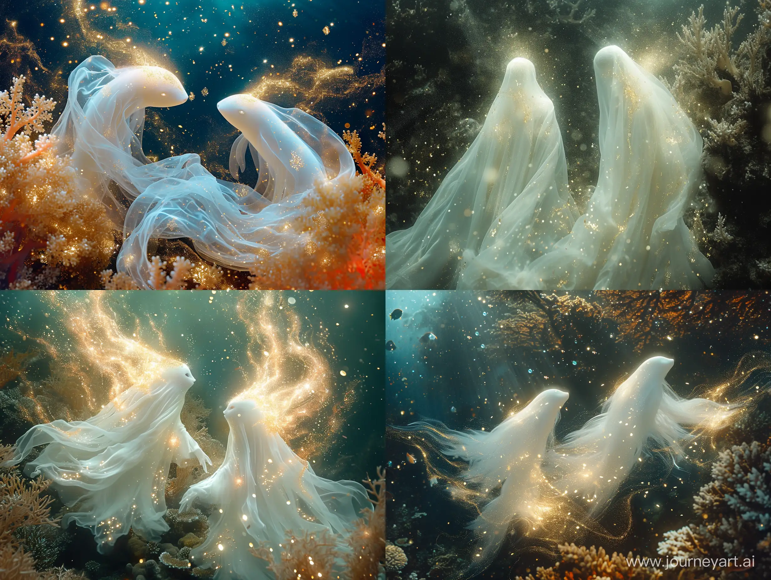 photo RAW, (Black : Portrait of 2 ghostly long tailed white woman, shiny aura, highly detailed, gold and stardust perfect composition, smooth, sharp focus, sparkling particles, lively coral reef background Realistic, realism, hd, 35mm photograph, 8k), masterpiece, award winning photography, natural light, perfect composition, high detail, hyper realistic