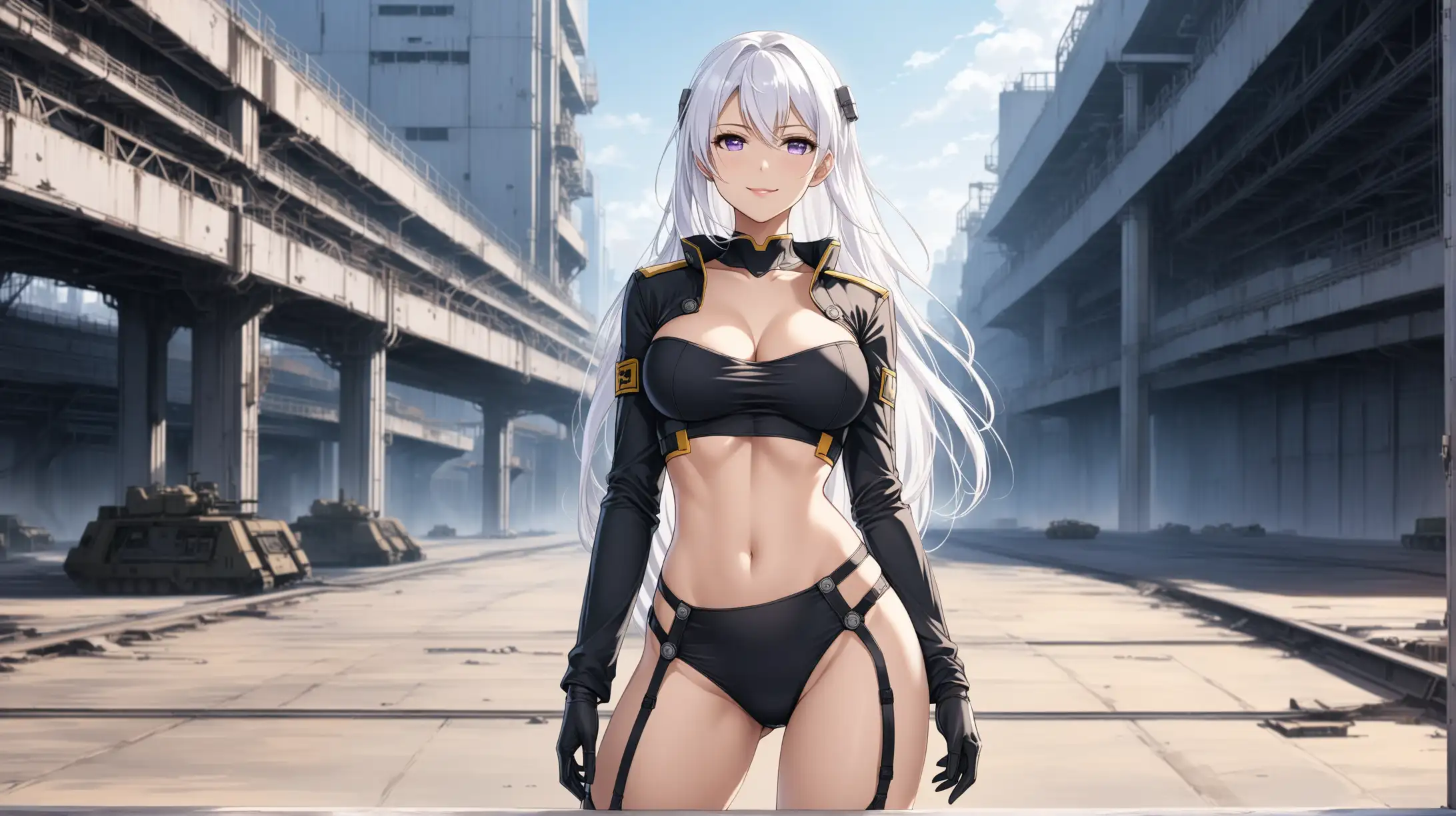 Draw the character Enterprise from Azur Lane, pale violet eyes, white hair, high quality, natural lighting, long shot, outdoors, seductive pose, outfit inspired from the Fallout series, urban setting, smiling at the viewer