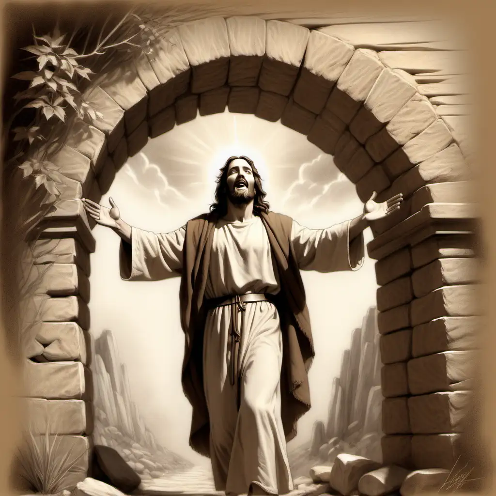 Generate a pencil sketch in the style of Joseph Brickey  in earthy brown and beige colors featuring Jesus standing with his arms open wide, welcoming the weary soul to Him. Behind Him is a stone archway and behind this one can see beckoning light. Jesus face shows friendliness and compassion.