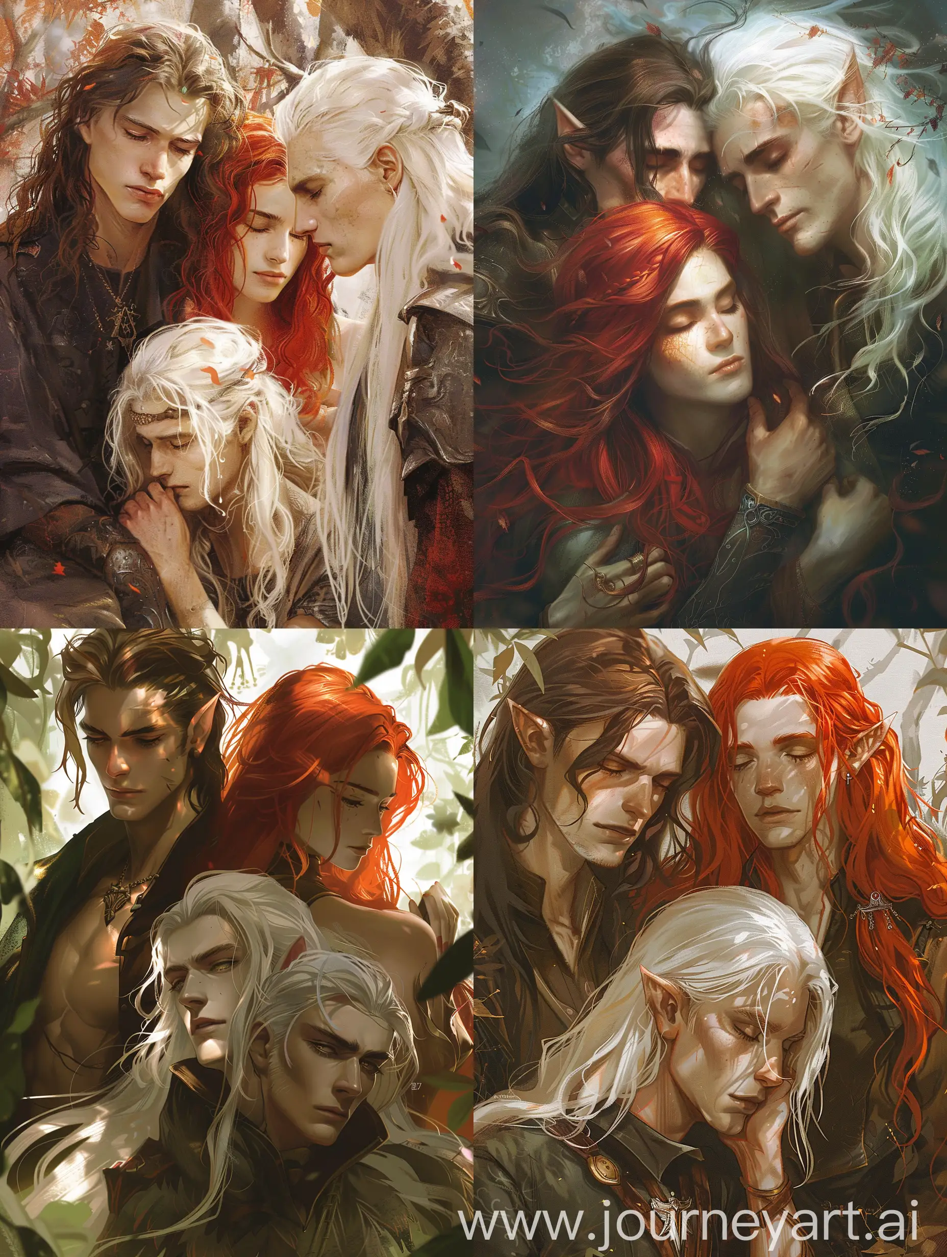 fantasy, парень  брюнет, и девушка среди них с рыжыми волосами, и другой парень с белыми длинными волосами