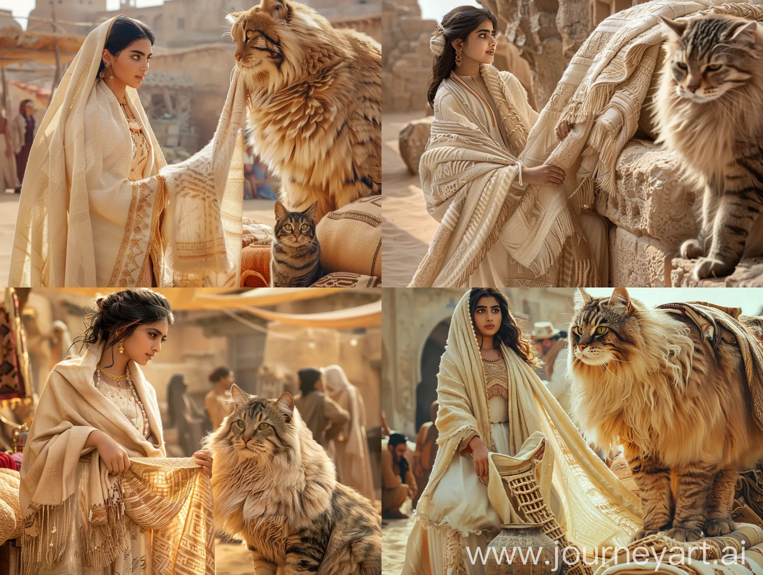 A beautiful young Persian woman in a traditional dress and a cream-colored shawl is selling shawls she has woven in the Arg Bam Bazaar in the Persian Empire, while a giant big Persian cat who tranfered the shawls ,sits next to her vendor.  The rest of the marketers are also like this. in a desert, in an ancient civilization, cinematic, epic realism,8K, highly detailed, medium shot, upper body, glamour lighting, natural lighting, backlit