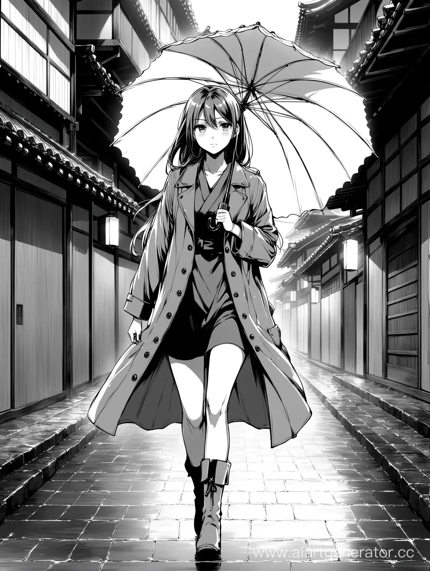 A girl, long jacket, boots. Walking. Umbrella. Colorless. Japan anime style