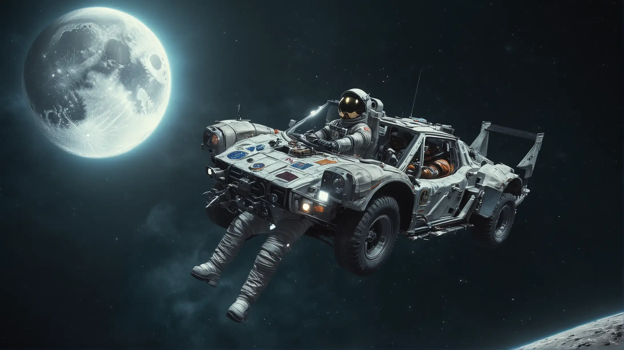 Car in space, moon in the background floating in space with driver in space suit driving

