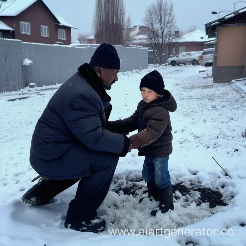 бедный татарский мальчик убирает снег вместе с чёрным отцом
