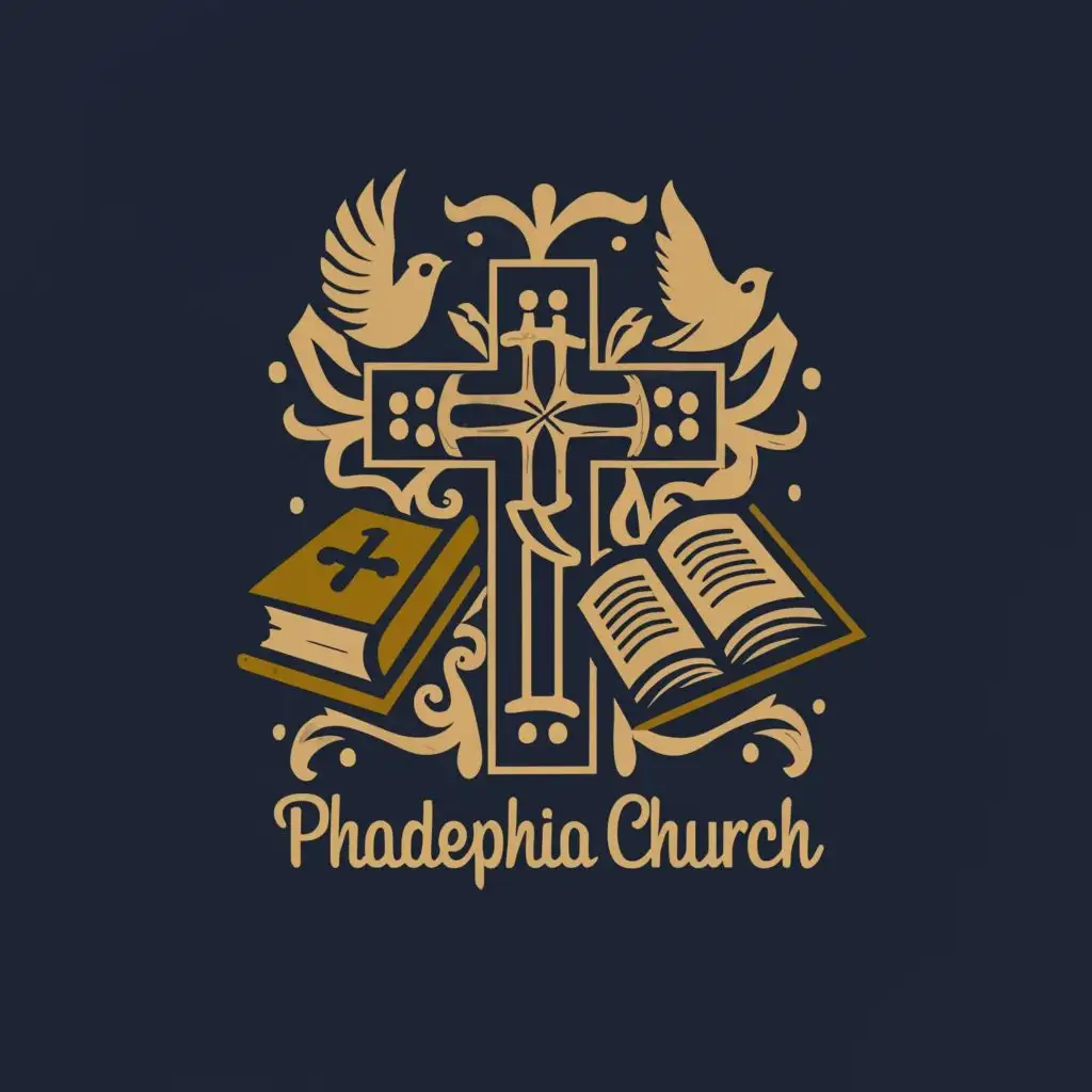 logo, Cross, dove and bible, with the text "Phladephia Church", typography