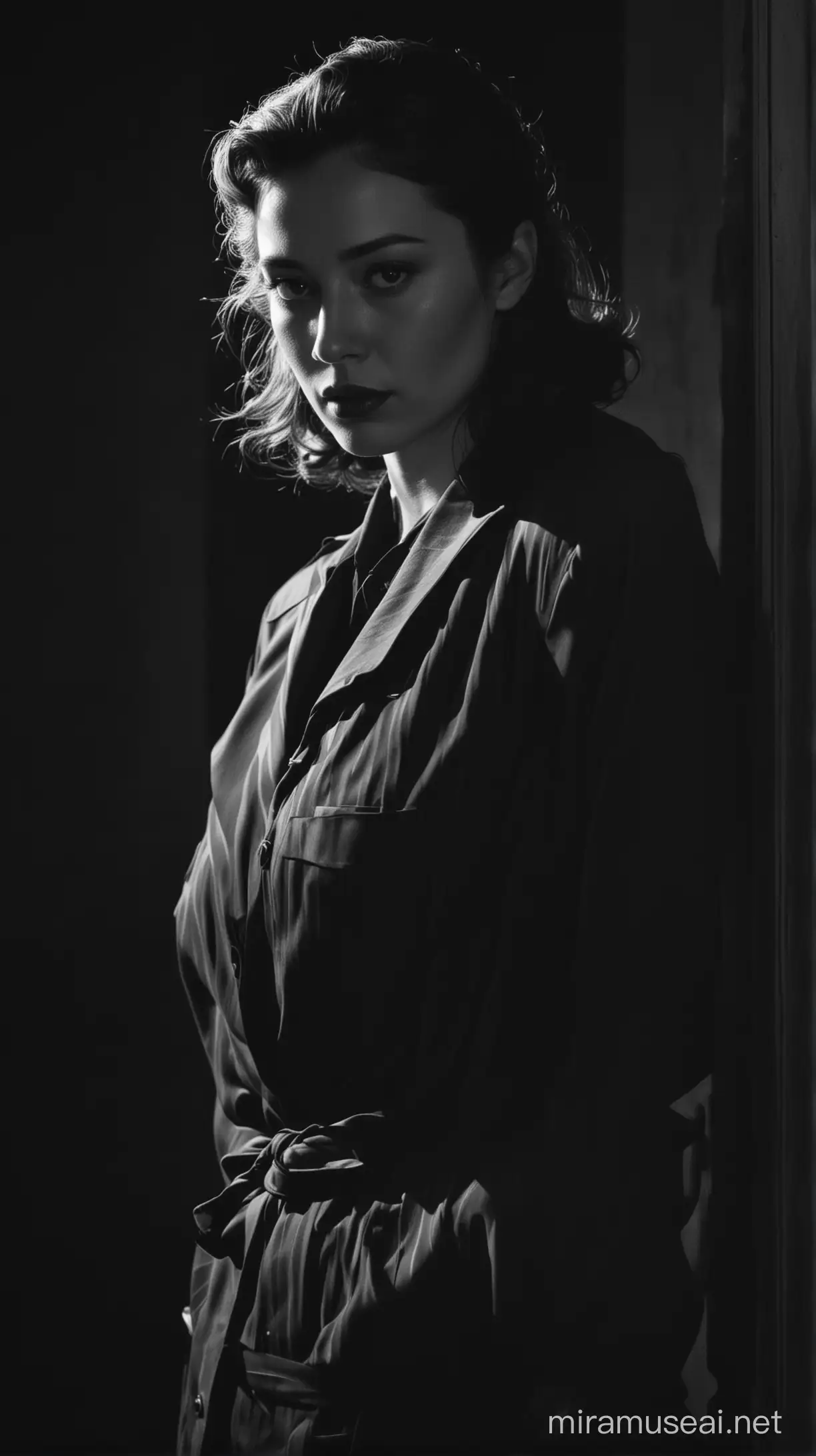 Mysterious 1940s Film Noir Kylin in Bold Chiaroscuro Monochrome