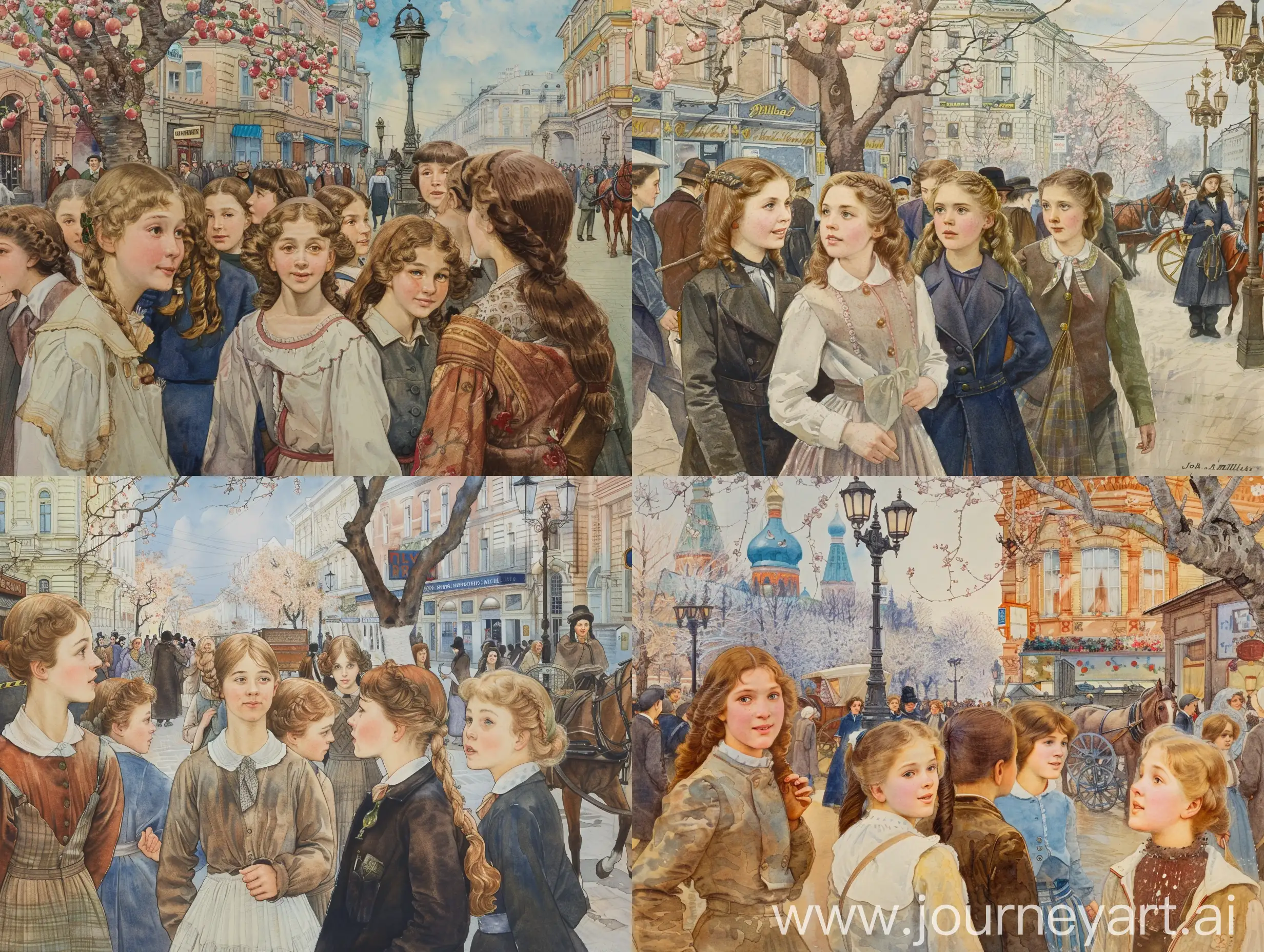 Spring-Scene-in-Moscow-1910-High-School-Girls-on-Arbat-Street