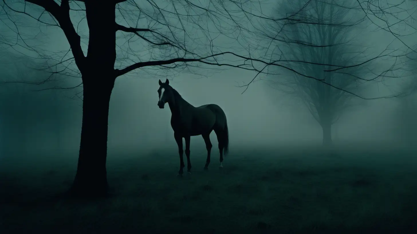 scheme, experimental cinematography, dystopian realism, made of mist, very foggy, horse standing on grass, dark trees in the background, subtile lights in the window, expansive skies, transavanguardia, movie still 