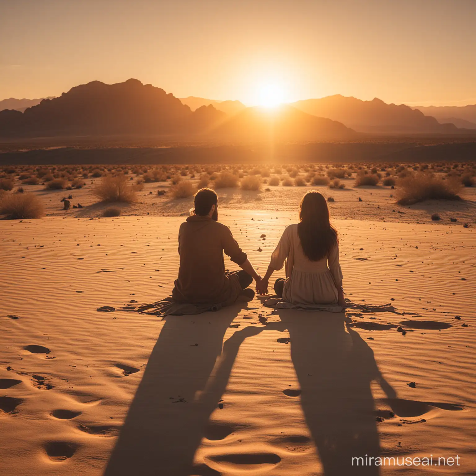one man and one woman seated in a desert holding hands
and watching the sun rise