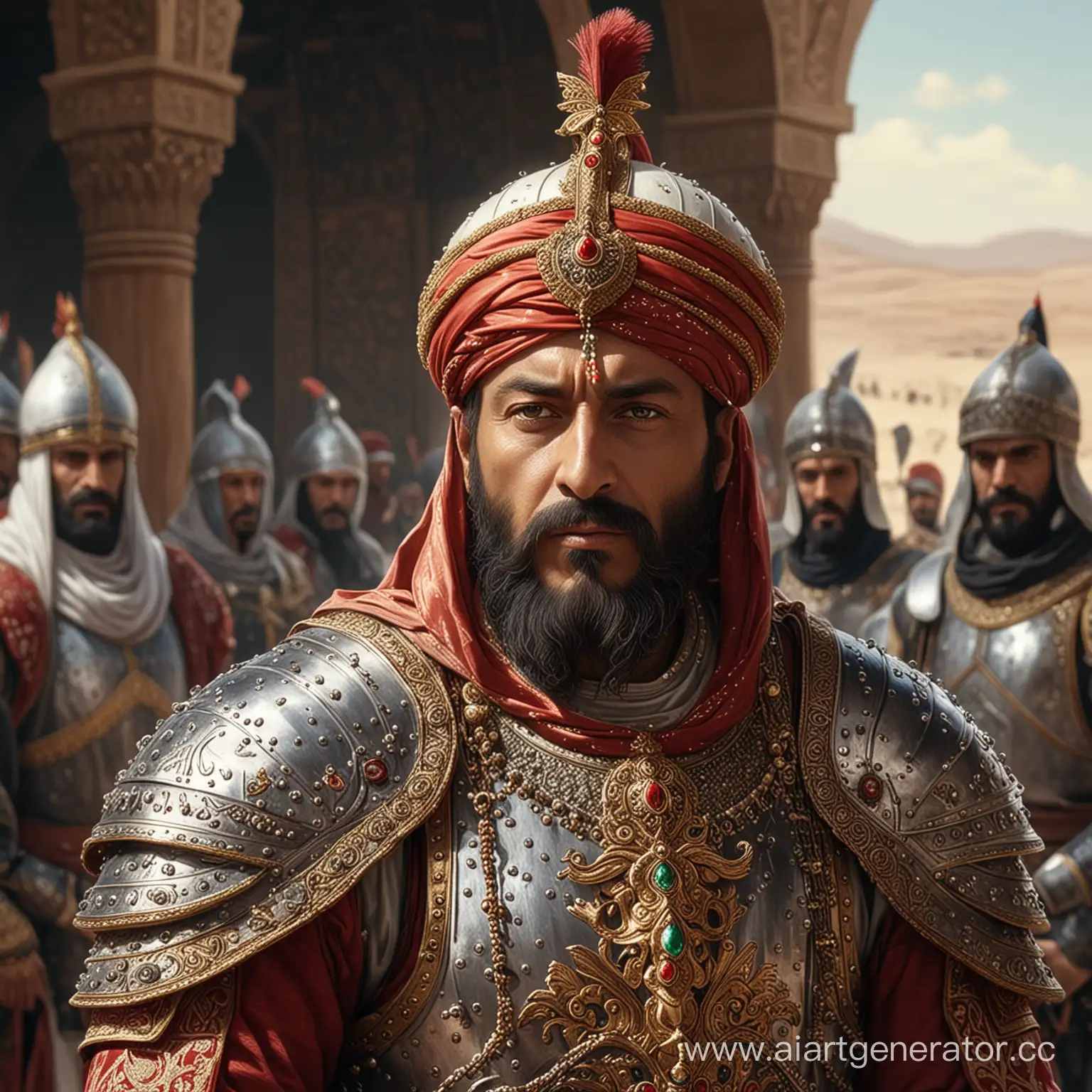 Sultan-Dressed-in-Traditional-Armor-with-Ornate-Details