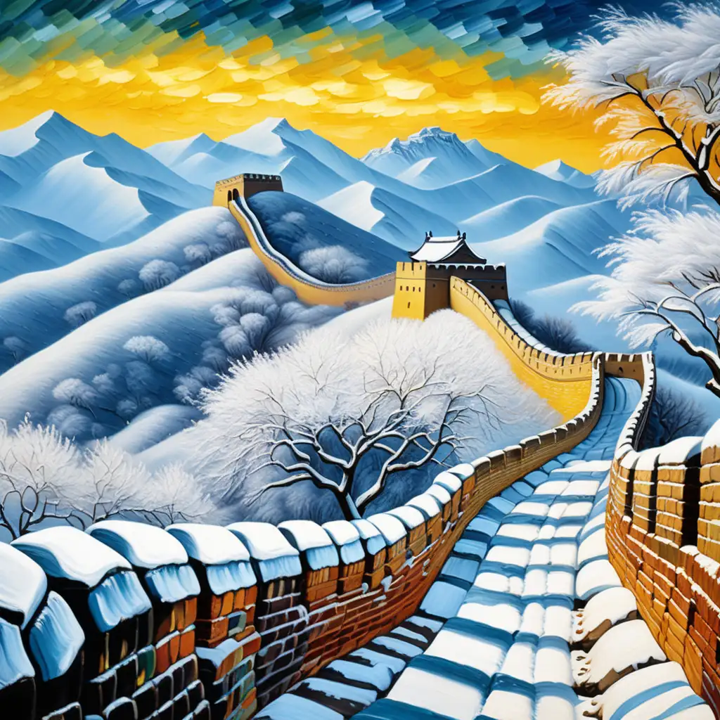 用油画的笔触，梵高的风格，画一副大雪覆盖下的长城
