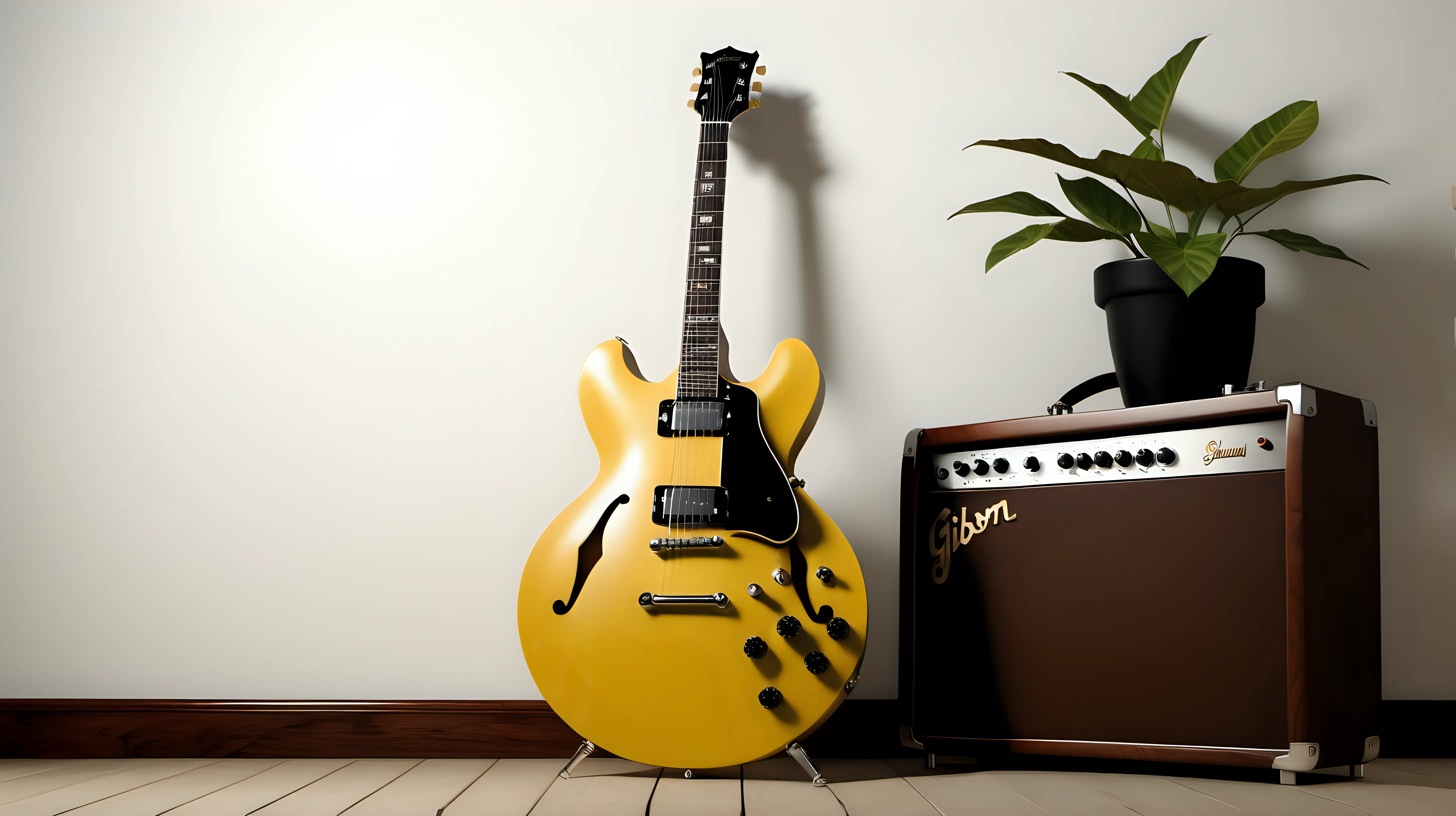gibson es-335 light yellow guitar with fine details and very realistic, against a wooden white wall, one amplifier in brown color, minimal decoration with a plant