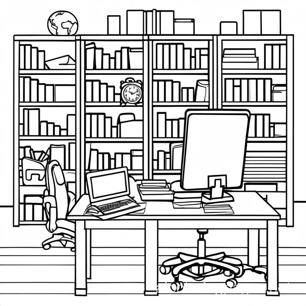 office, Coloring Page, black and white, line art, white background, Simplicity, Ample White Space. The background of the coloring page is plain white to make it easy for young children to color within the lines. The outlines of all the subjects are easy to distinguish, making it simple for kids to color without too much difficulty