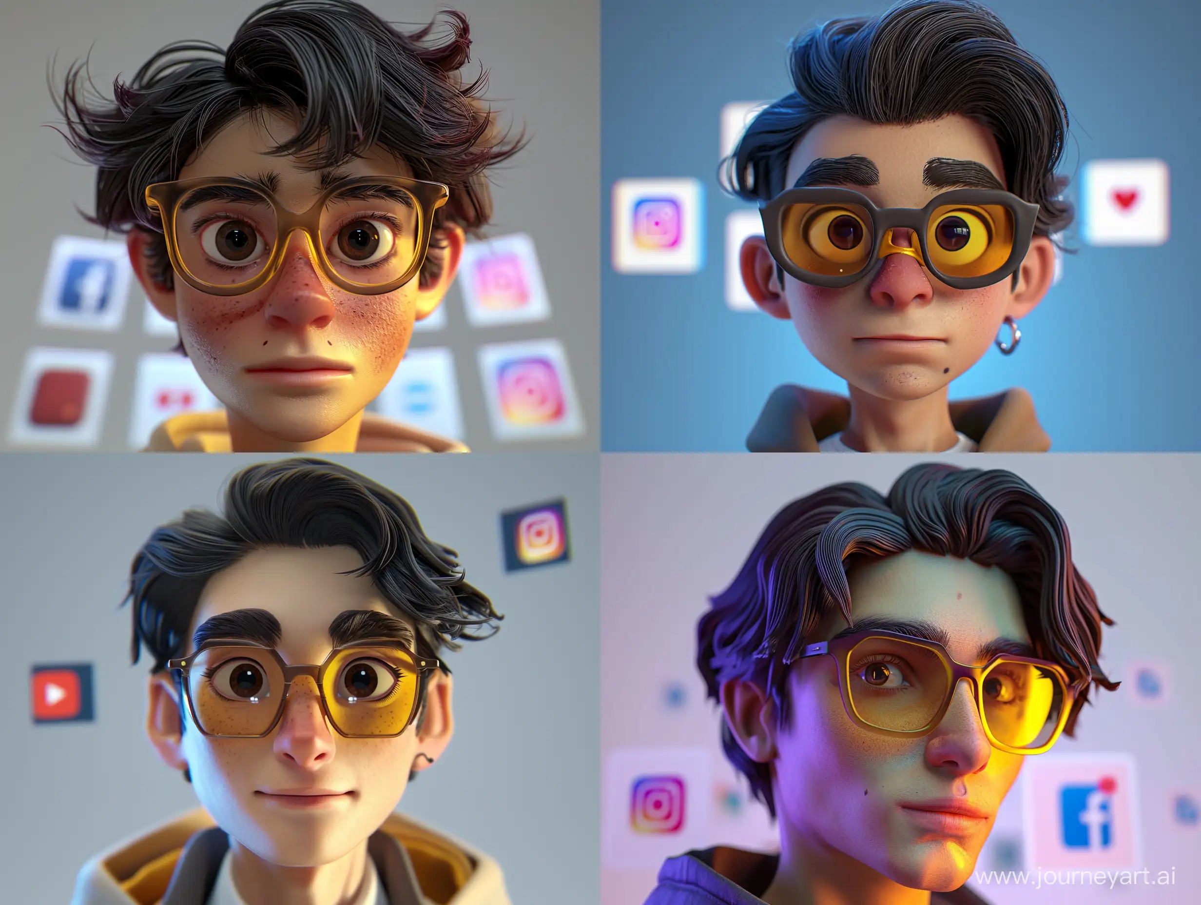Create a 3D illustration of a male character.The character's hair should be of medium length, dark and laid on one side.The character's eyes must be brown. The character 's nose is big . The character must be wearing dark yellow glasses. The character must be dressed in casual clothes.Instagram social network is the background of the 3D illustration.