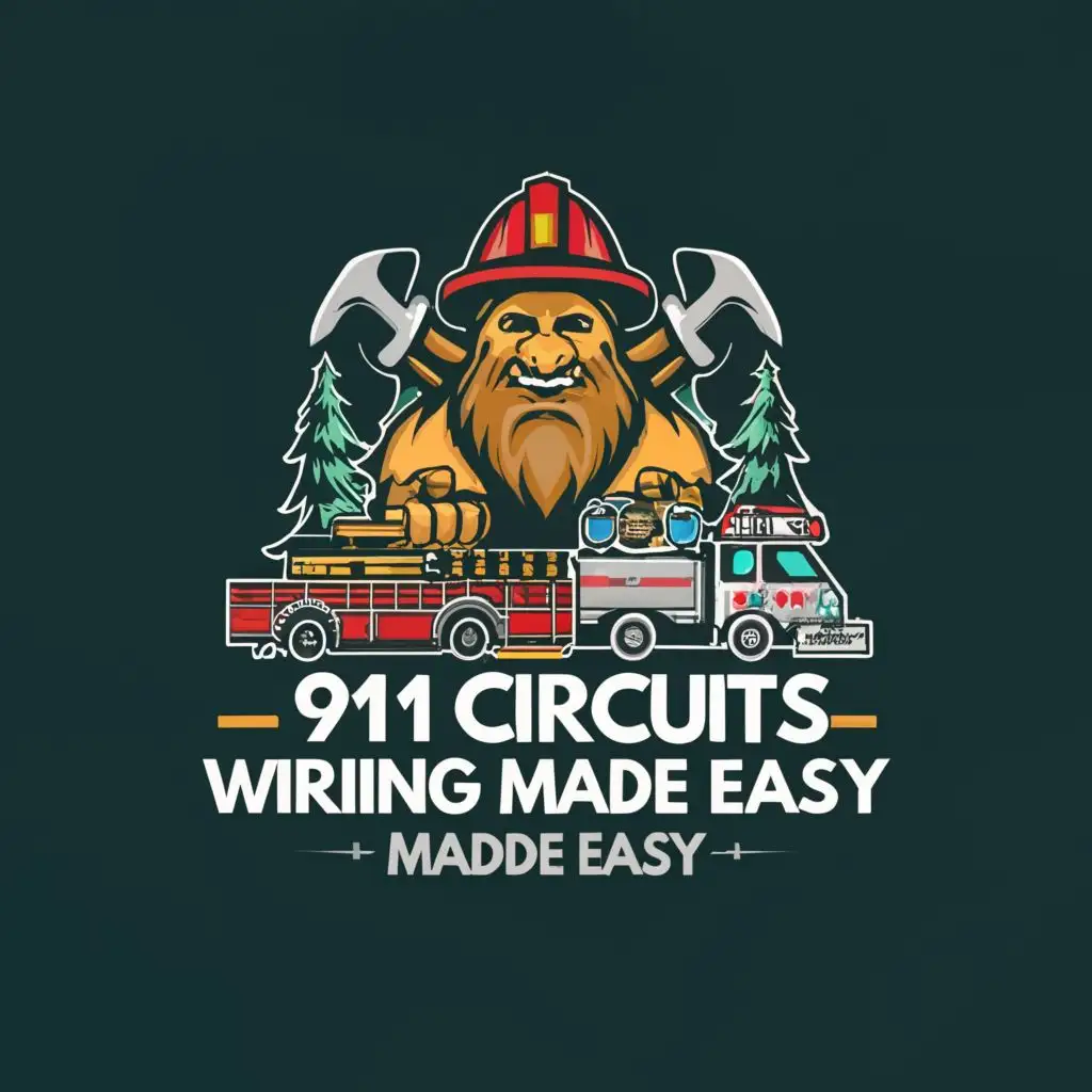 logo, fire truck, evergreen tree, Oregon, Sasquatch, circuit board, axe, with the text "911 circuits wiring made easy", typography, be used in Technology industry