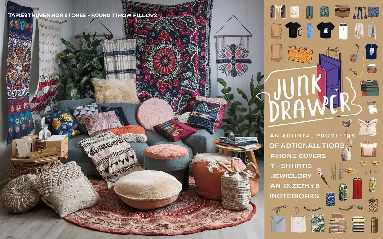 create a website banner for home decor store that focuses on tapestries, shower curtains, wall art, round rugs, throw pillows,  but also has a " Junk Drawer" for products that don't really fit well such as mugs, phone covers, t-shirts, bags, jewelry , notebooks etc.